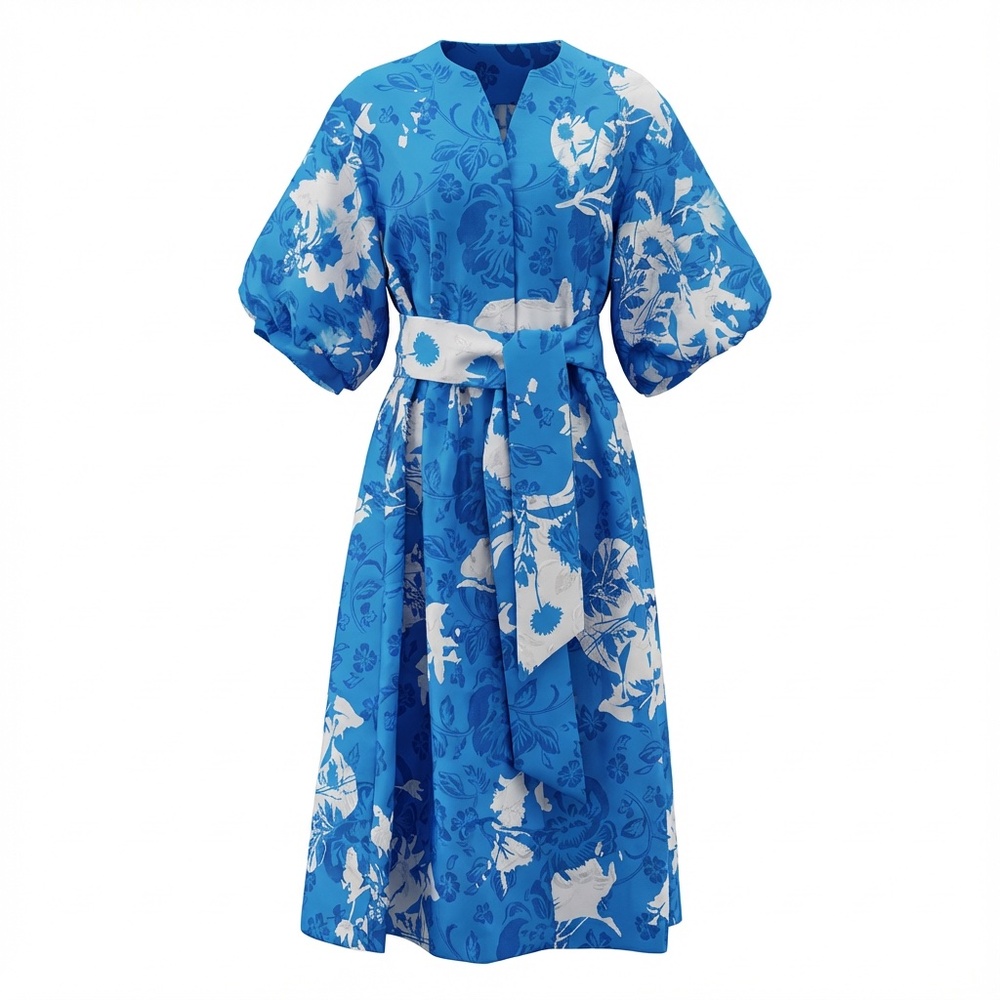 A355 Nancy Cottagecore Luxe Blue Floral Belted Midi Dress Puff Sleeve NWT L - Picture 2 of 7